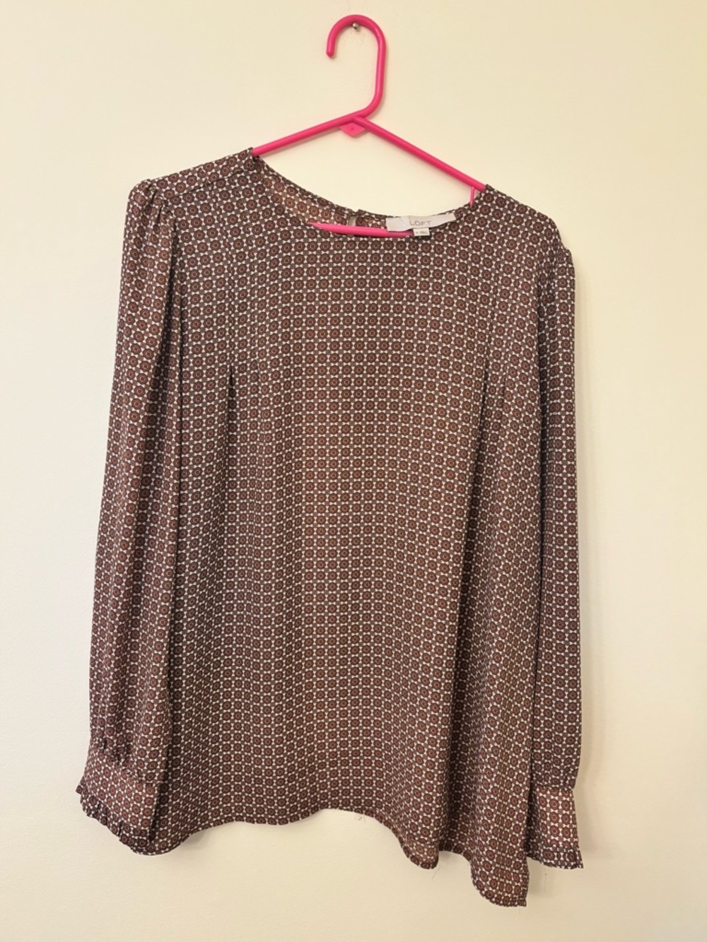 LOFT Brown Geometric Print Long-Sleeve Blouse
